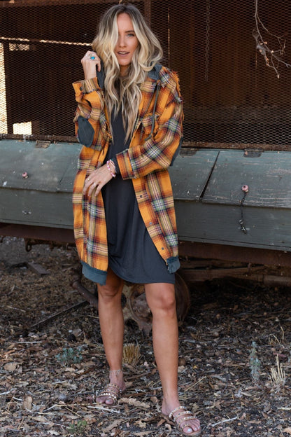 Flannel Layers Hooded Jacket - Orange Multi