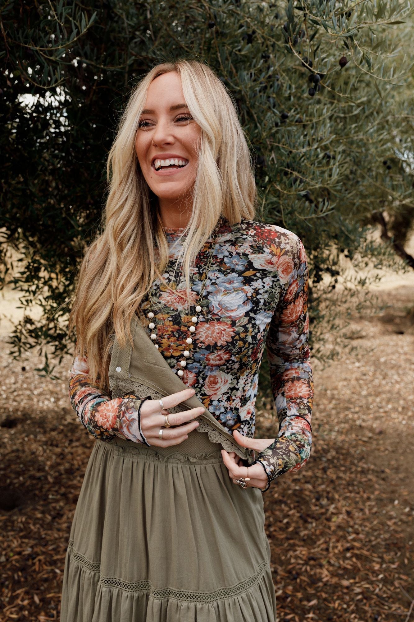 Flower Garden Mesh Long Sleeve Top - Black