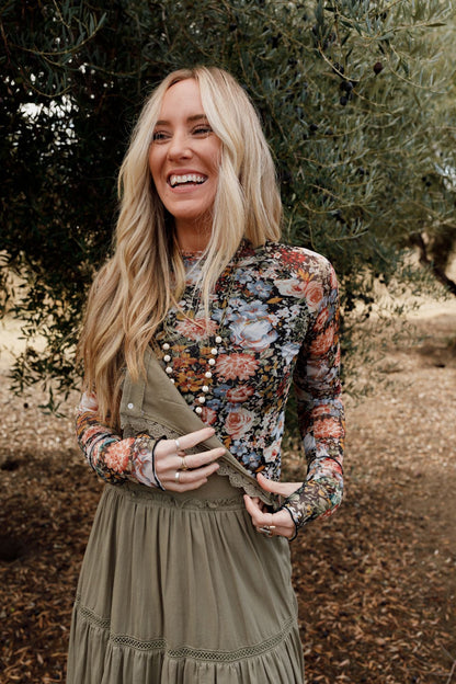 Flower Garden Mesh Long Sleeve Top - Black