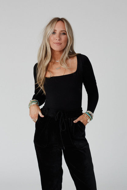 Emmi Square Neck Long Sleeve Top - Black