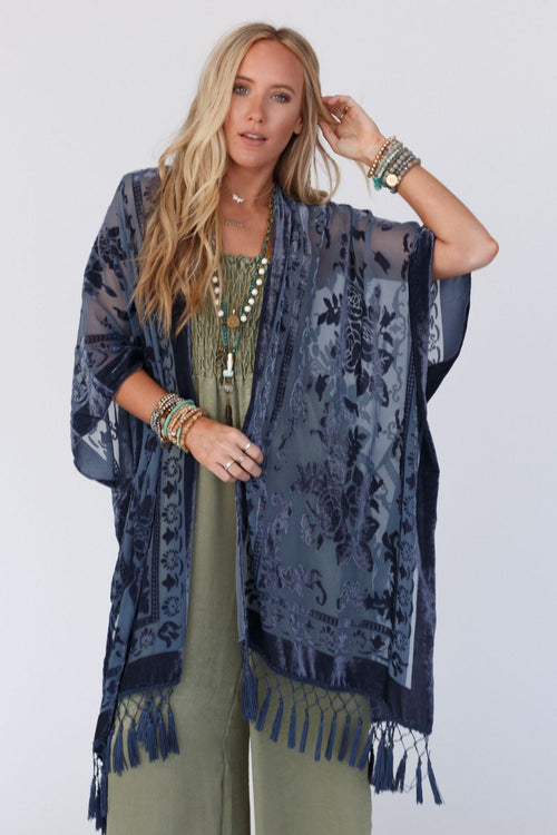 Crushin' On You Velvet Kimono - Navy Blue