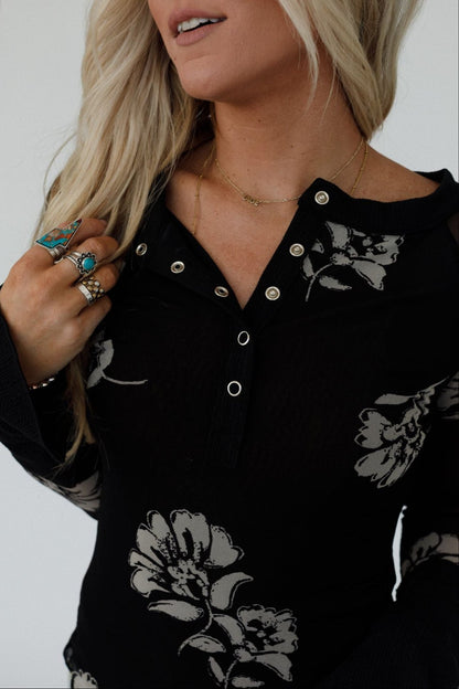 Vivid Garden Mesh Henley Top - Black