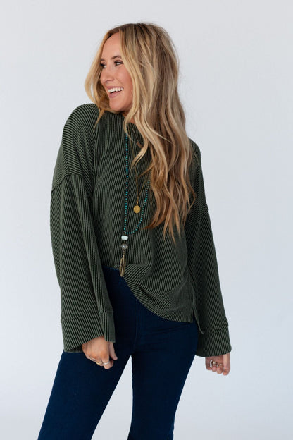 The Nest Love It Round Neckline Textured Top - Olive