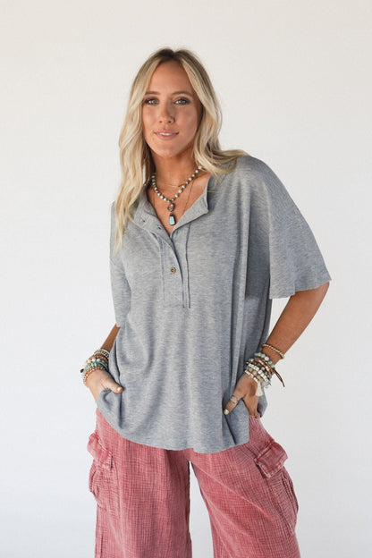 The Nest Soft Plume Henley Top - Heather Grey